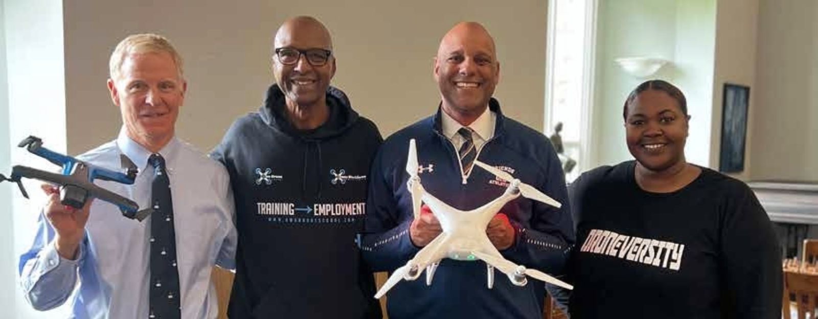 In a Lunch & Learn, Theo Nix ’72 spoke with studentsabout how he is training people to becomeFAA-certified drone operators. Pictured are MontyHarris (WFS Director of Capital & EndowmentGiving), Theo, Ken, and Theo’s colleague, AshleyCooper.